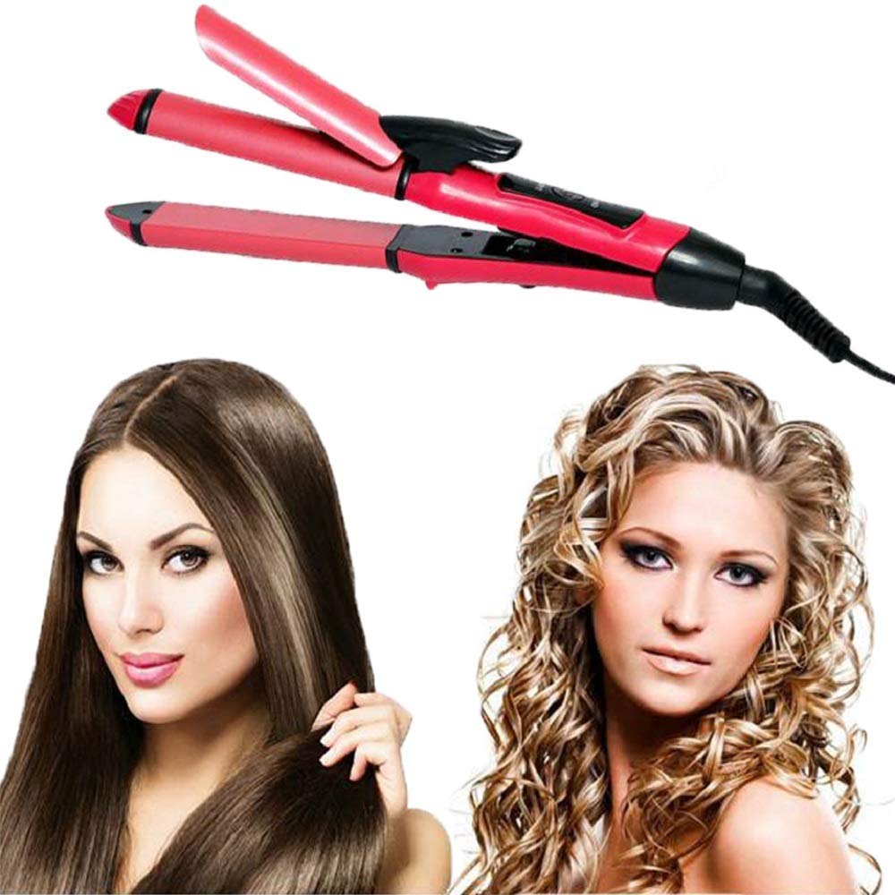 NH-2009 2-in-1 Hair Straightener and Curler | Ceramic-Coated Hair Styling Tool, Pink | Sleek, Smooth, & Wavy Hair Styling