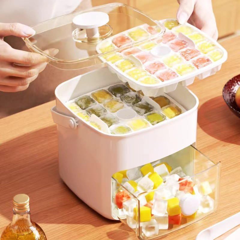 2 Layer Ice Cube Tray with Storage Box & Lid Easy Release Mold