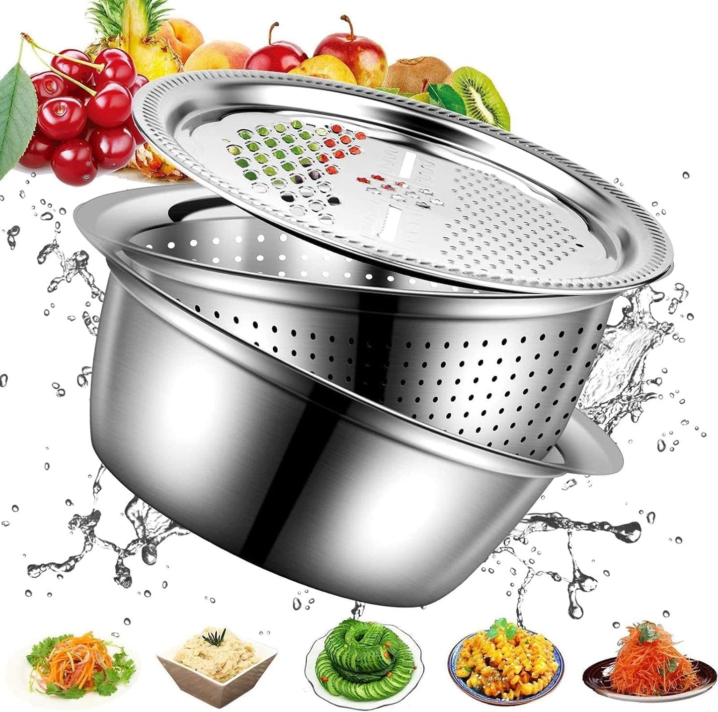 3-in-1 Stainless Steel Kitchen Strainer Set | Vegetable Cutter, Cheese Grater & Salad Maker | Multi-Purpose Drain Basket for Washing Fruits, Vegetables & Pasta