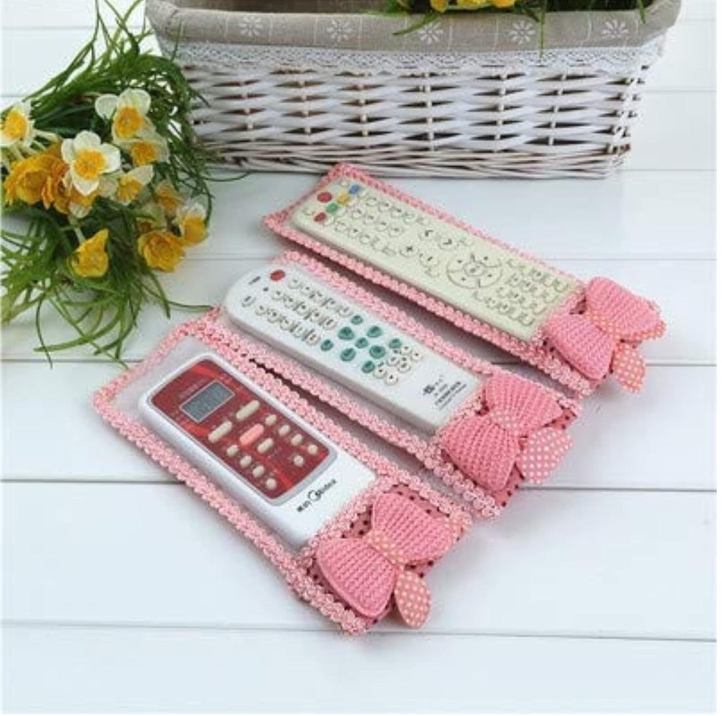 3-Piece Fabric Remote Cover Set - Cute Bowknot TV/AC/Set-Top Box Remote Protector | Dustproof Soft Cotton Pouch for Indian Remotes (S/M/L Sizes, Embroidery Design)