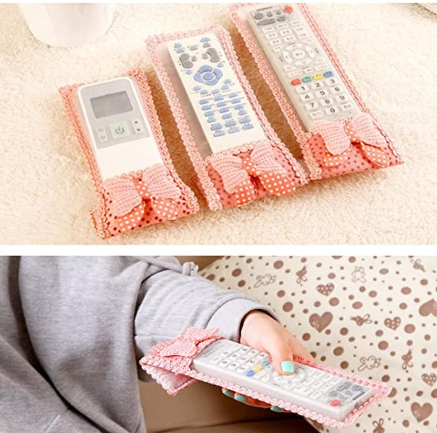 3-Piece Fabric Remote Cover Set - Cute Bowknot TV/AC/Set-Top Box Remote Protector | Dustproof Soft Cotton Pouch for Indian Remotes (S/M/L Sizes, Embroidery Design)