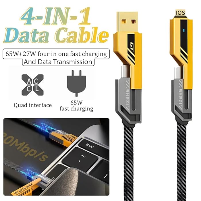4-in-1 Charging Cable 65W USB-C to Lightning USB-A & USB-C Fast Charger Compatible with iPhone 15 Iphone 16 Samsung S24 Ultra MacBook Pro ThinkPad