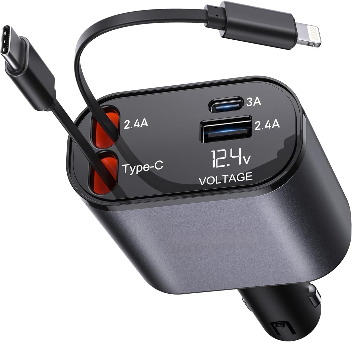 4-in-1 Retractable Car Charger | 100W Super Fast Charging | Dual USB Ports + 2 Built-in Cables (Lightning + Type-C) | For iPhone, Android, iPad