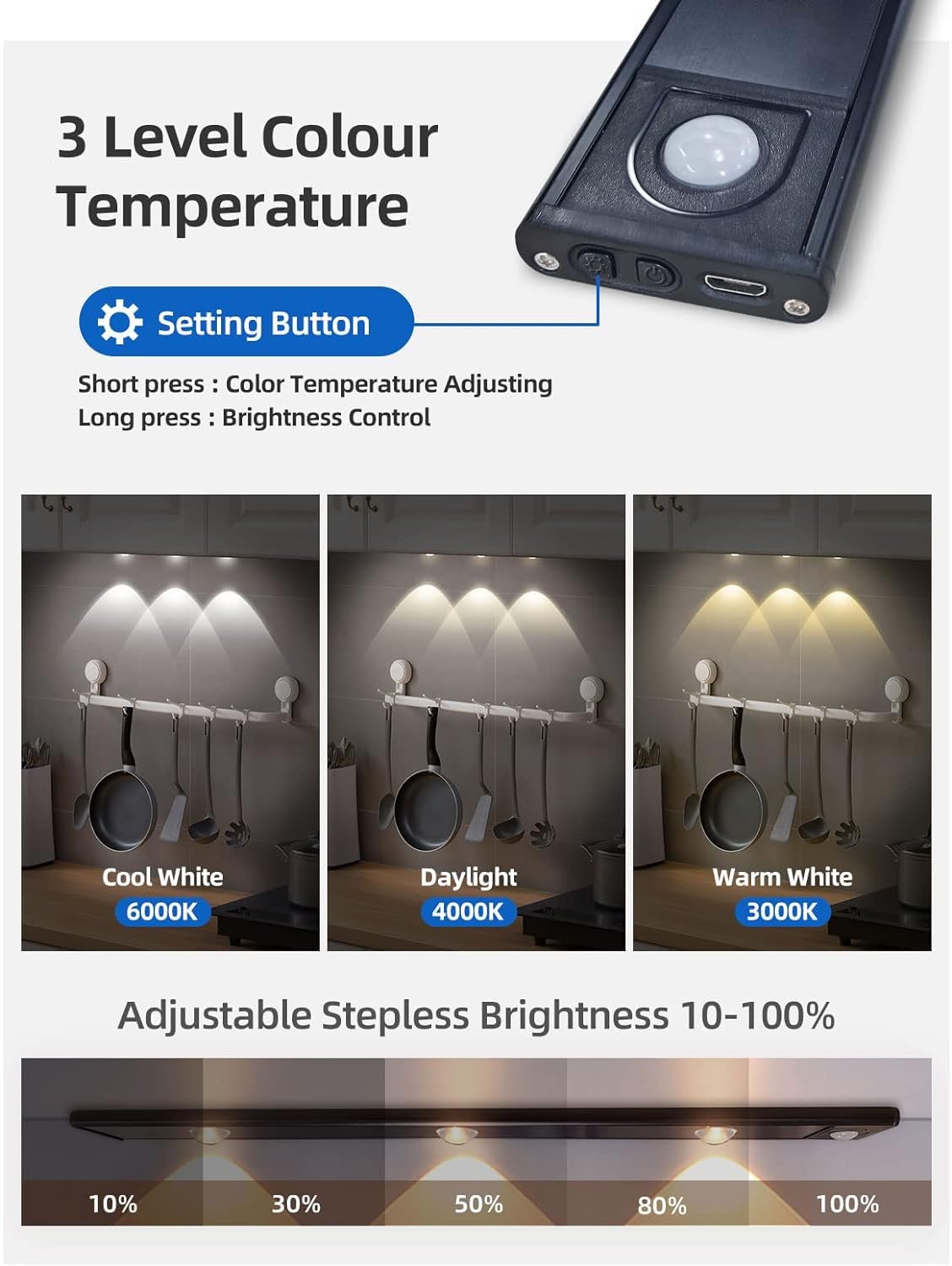 40cm Motion Sensor LED Cabinet Light, USB Rechargeable & Dimmable