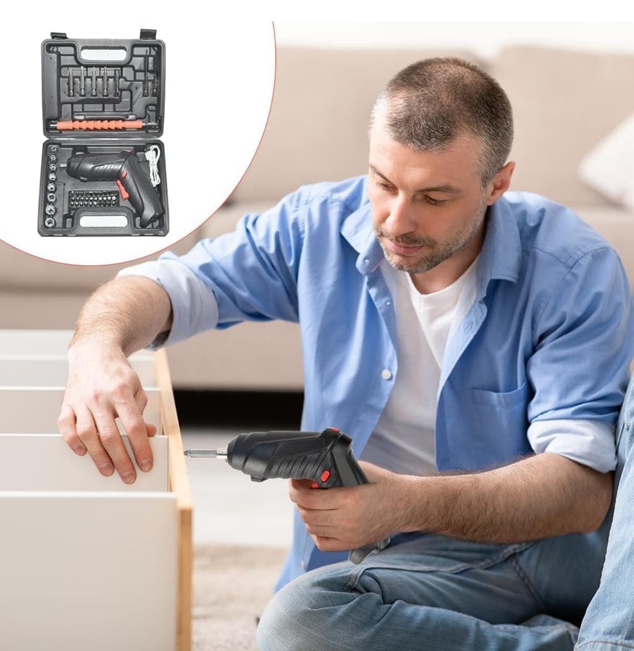 47-in-1 Electric Screwdriver - 3.6V Cordless Drill Driver with 90° Rotating Handle & USB Charging (Black)