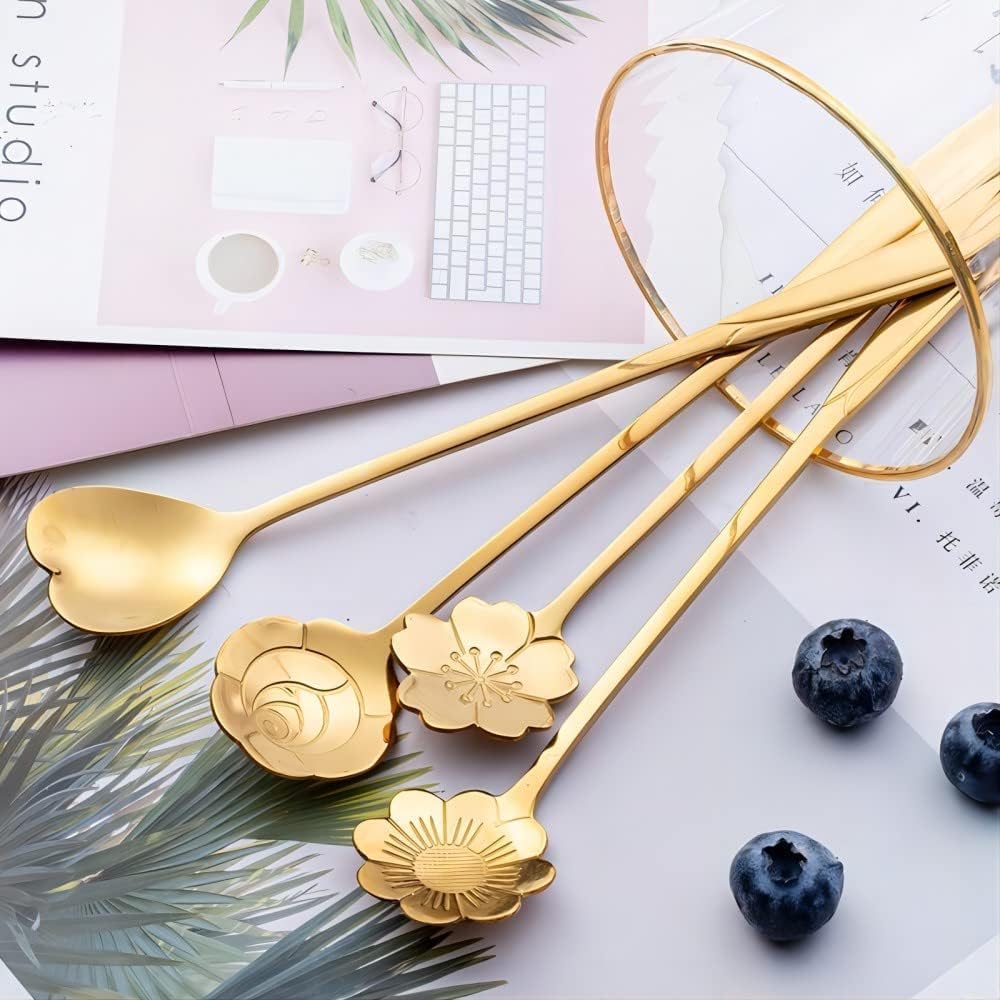 4-Piece Golden Dessert Spoon Set - Elegant Flower-Shaped Stainless Steel Teaspoons for Coffee, Ice Cream & Desserts | Luxury Gift Box for Diwali, Weddings & Housewarming