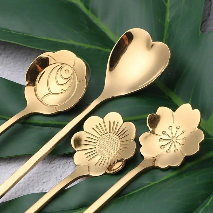 4-Piece Golden Dessert Spoon Set - Elegant Flower-Shaped Stainless Steel Teaspoons for Coffee, Ice Cream & Desserts | Luxury Gift Box for Diwali, Weddings & Housewarming
