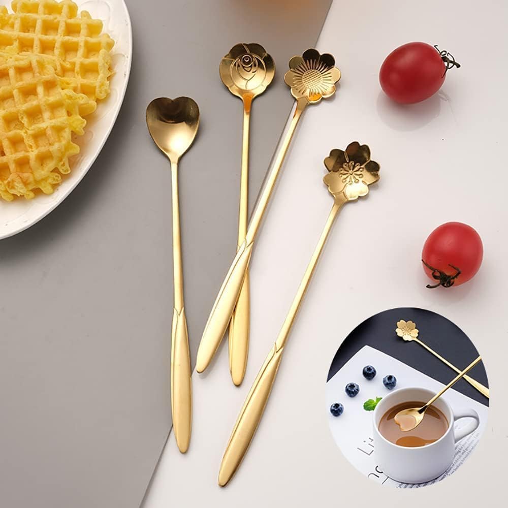4-Piece Golden Dessert Spoon Set - Elegant Flower-Shaped Stainless Steel Teaspoons for Coffee, Ice Cream & Desserts | Luxury Gift Box for Diwali, Weddings & Housewarming