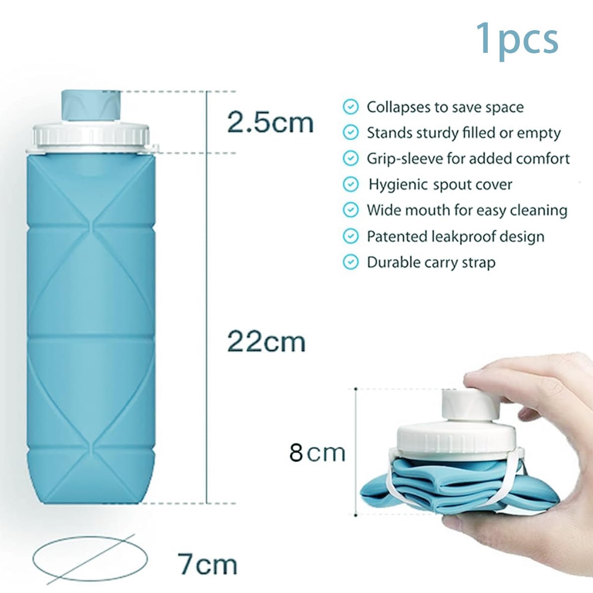 Folding Silicone Water Bottle – 600ml | BPA-Free, Leak-Proof, Portable Collapsible Travel Bottle for Sports, Hiking, Running, Camping (Blue)