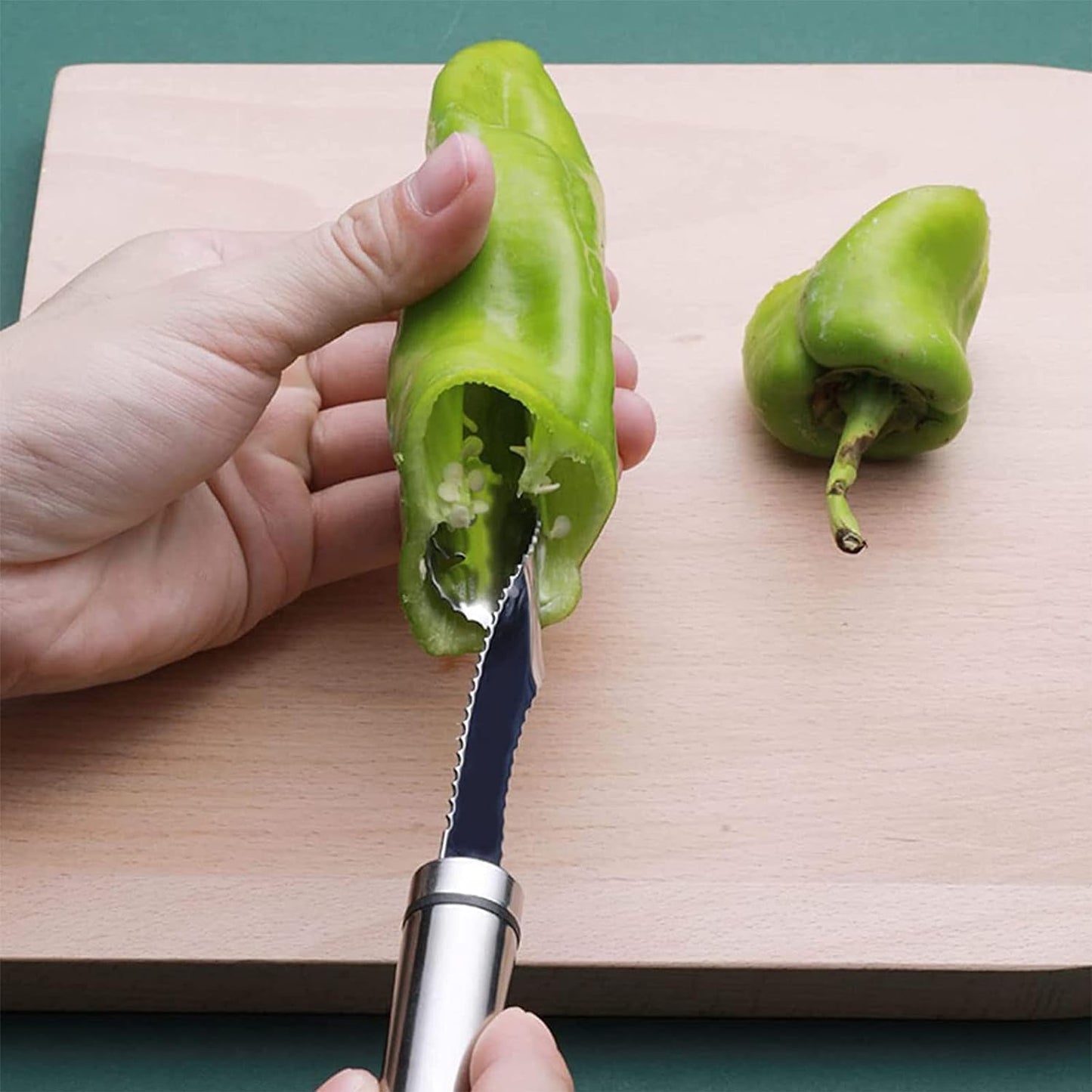 Stainless Steel Shimla Mirch & Chili Seed Remover Tool | Serrated Corer Cutter for Bell Peppers, Bananas, Bitter Gourd | Easy-Twist Deseeding Gadget for Indian Kitchen (Silver)