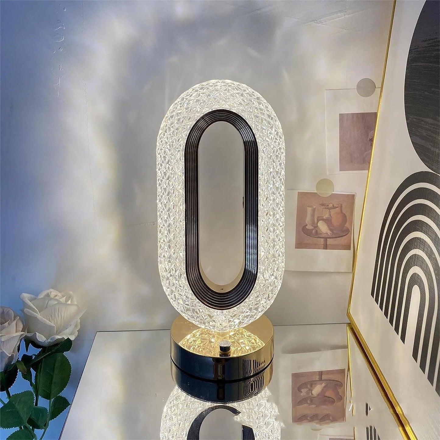 Ovate Crystal Table Lamp - Gold USB Rechargeable Touch Light | 3-Level Dimmable Cordless Lamp for Bedroom, Living Room & Pooja Decor | Luxury Gift for Diwali/Housewarming