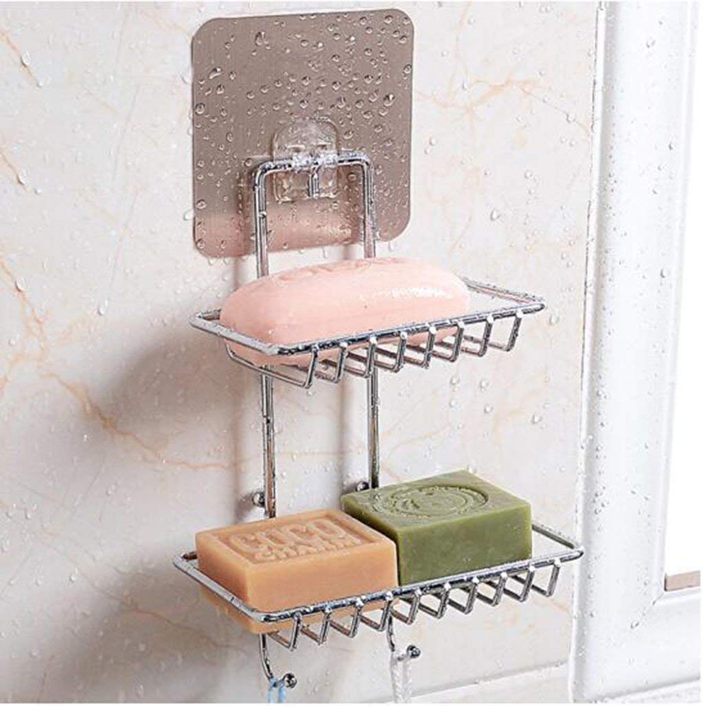 Stainless Steel 2-Layer Soap Dish Holder with Hook | Wall Mounted Rack with Magic Sticker | No Drill Multipurpose Soap Case for Bathroom & Kitchen