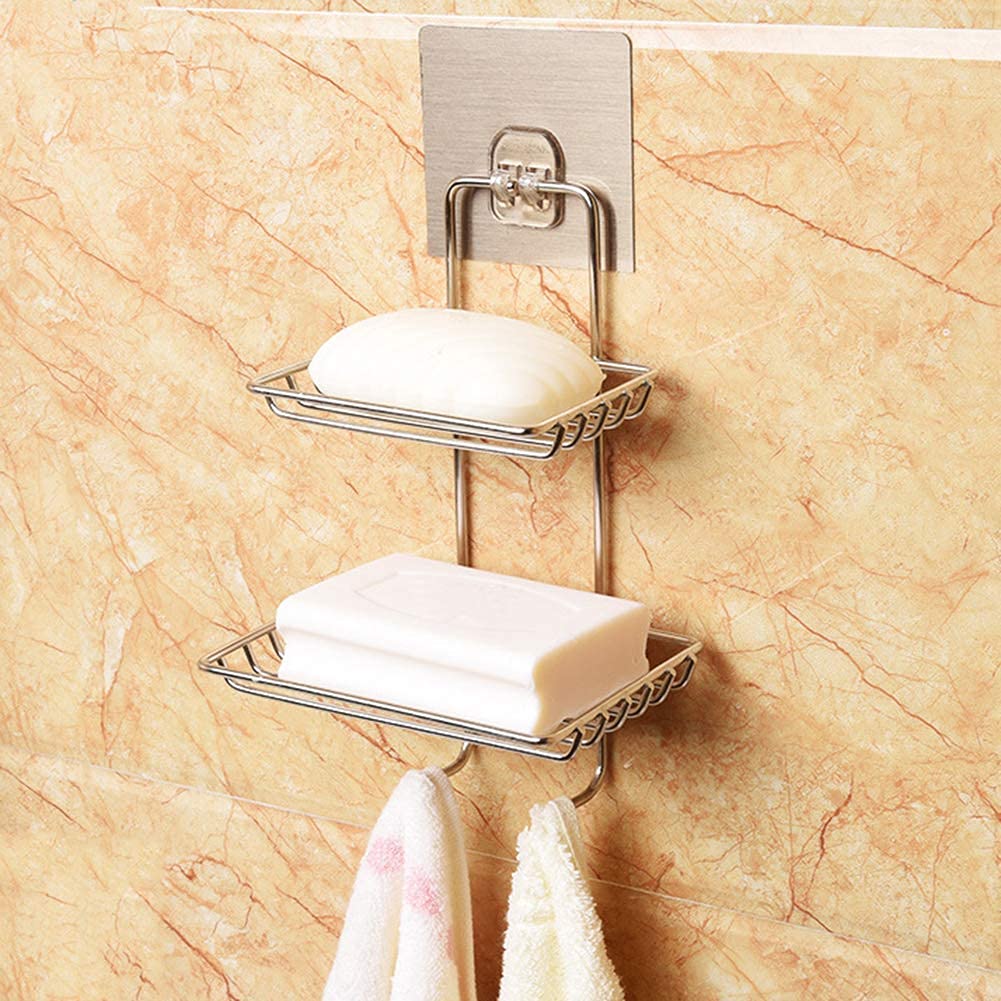 Stainless Steel 2-Layer Soap Dish Holder with Hook | Wall Mounted Rack with Magic Sticker | No Drill Multipurpose Soap Case for Bathroom & Kitchen