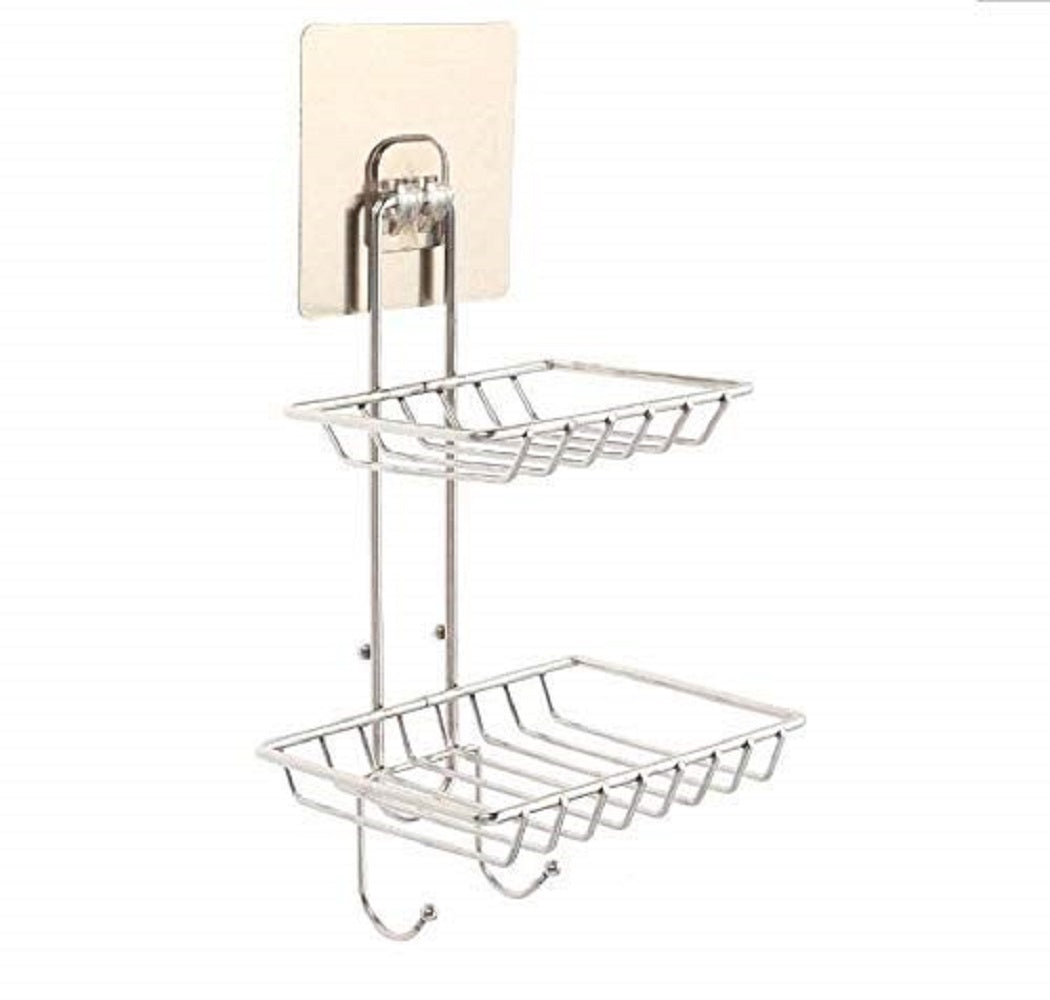 Stainless Steel 2-Layer Soap Dish Holder with Hook | Wall Mounted Rack with Magic Sticker | No Drill Multipurpose Soap Case for Bathroom & Kitchen