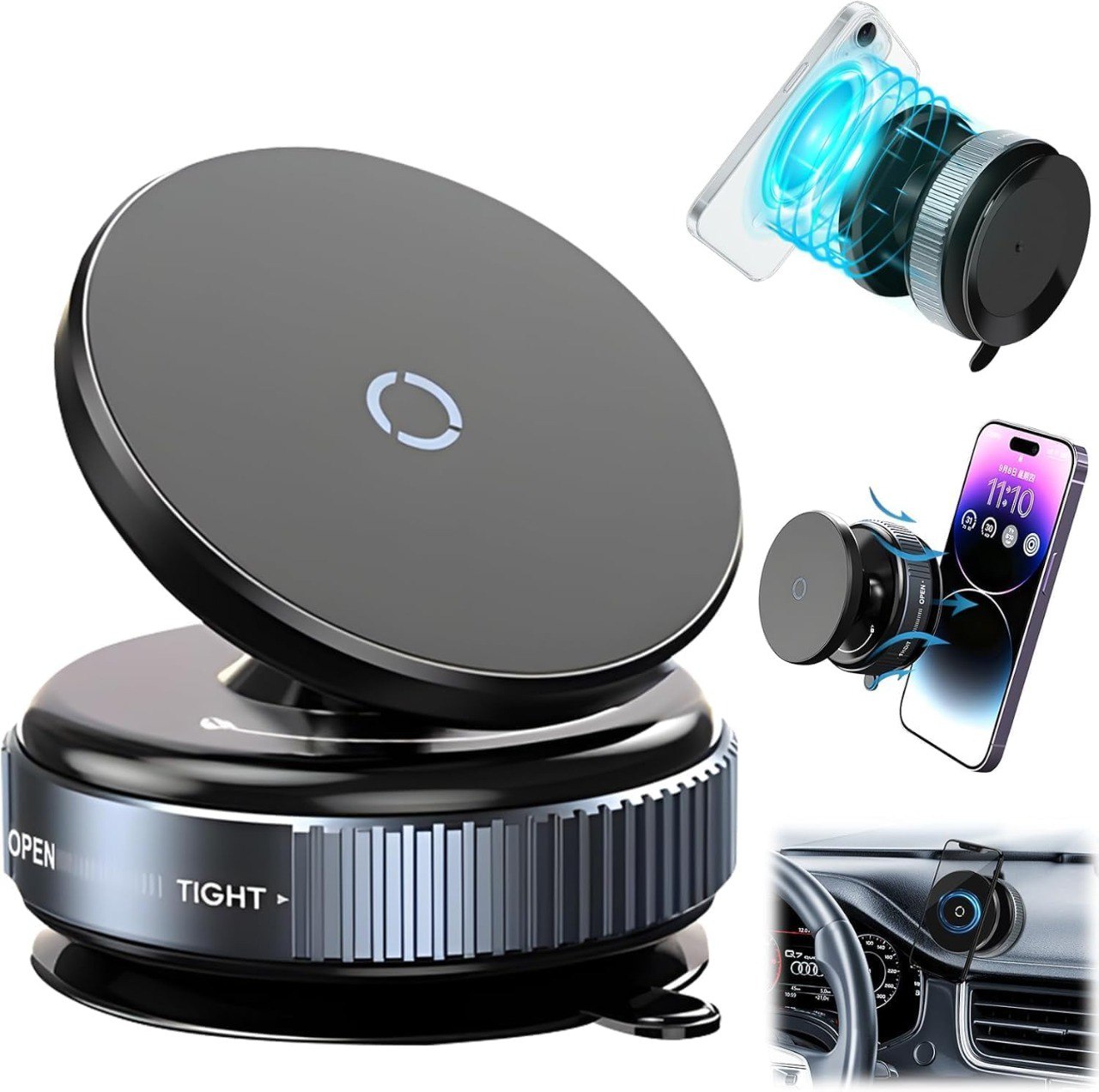 360° Adjustable Vacuum Magnetic Phone Holder for Car – Magsafe Compatible, Super Strong Suction Cup Mount for Dashboard – Hands-Free Phone Stand for iPhone & Android (No Charging Needed) K009