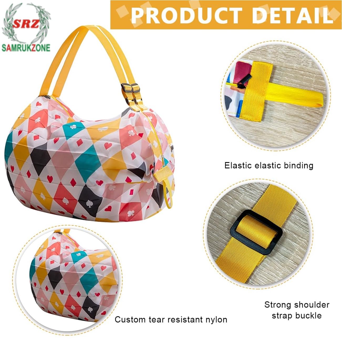 Folding Supermarket Shopping Pocket Bag with Zipper Waterproof Portable Shoulder