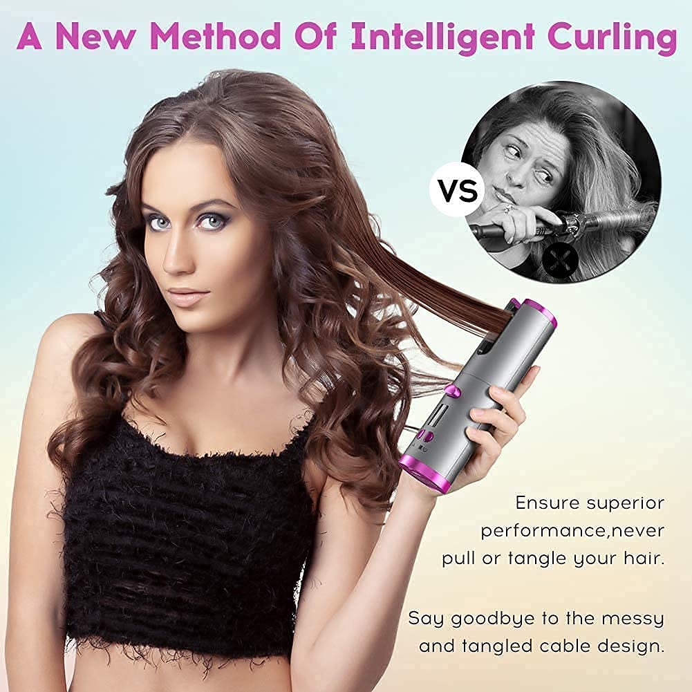 Cordless Automatic Hair Curler | Portable Curling Iron with LCD Display | USB Rechargeable | Lightweight Travel-Friendly Styling Tool