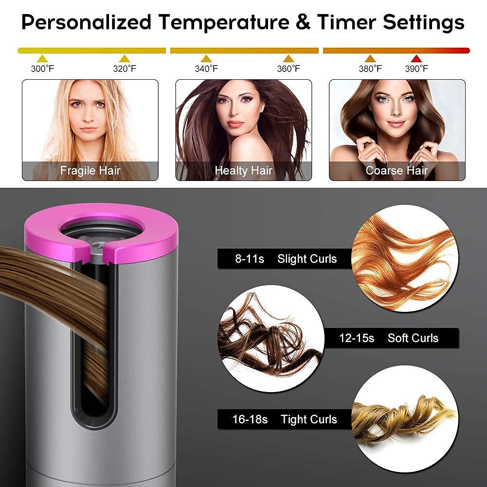 Cordless Automatic Hair Curler | Portable Curling Iron with LCD Display | USB Rechargeable | Lightweight Travel-Friendly Styling Tool