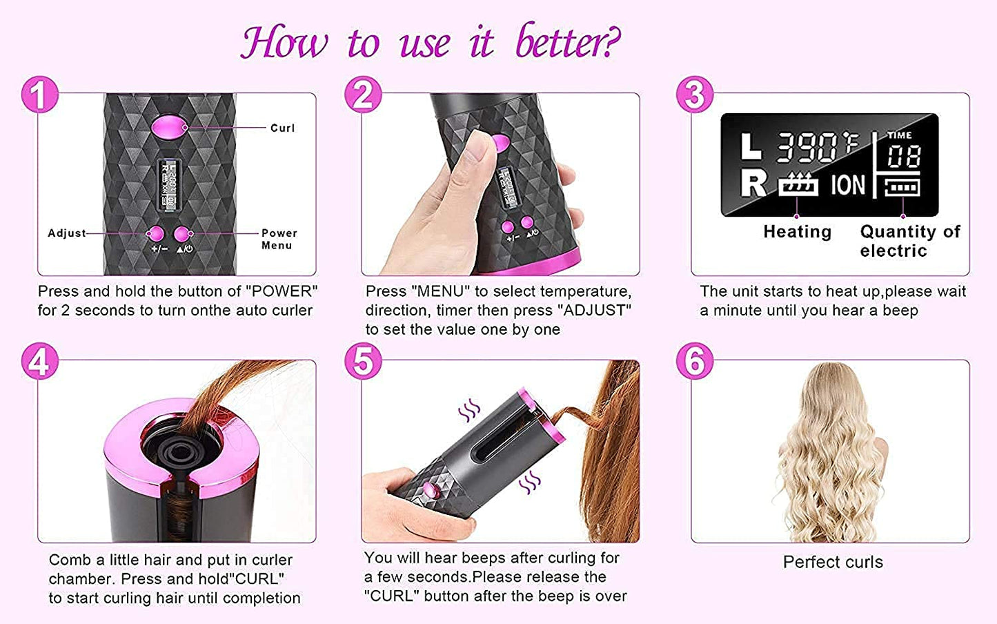 Cordless Automatic Hair Curler | Portable Curling Iron with LCD Display | USB Rechargeable | Lightweight Travel-Friendly Styling Tool
