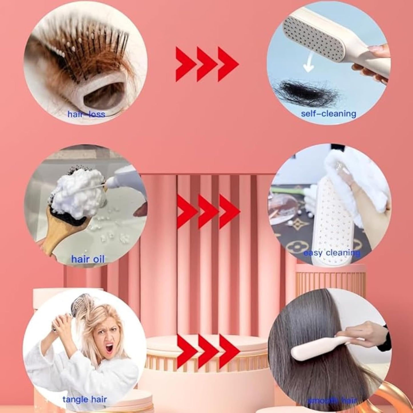 Self-Cleaning Hair Brush | Anti-Static Detangling Comb with Retractable Bristles | Scalp Massage Comb for All Hair Types