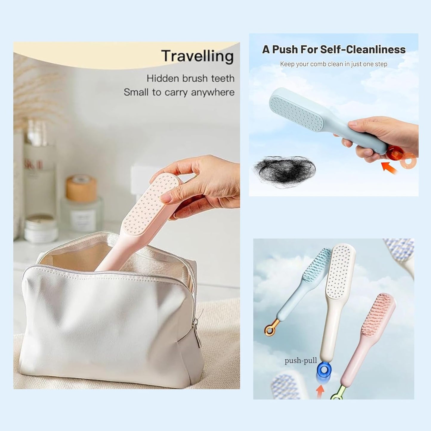 Self-Cleaning Hair Brush | Anti-Static Detangling Comb with Retractable Bristles | Scalp Massage Comb for All Hair Types