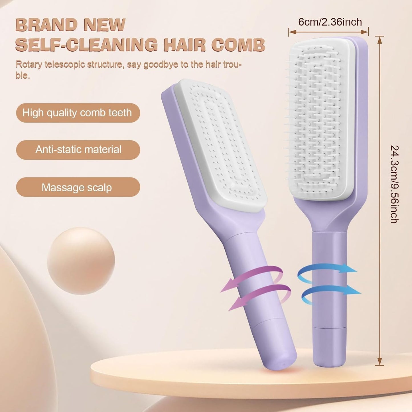 4-in-1 Self-Cleaning Hairbrush | Anti-Static Massage Comb for Adults & Kids | Detangling Brush for All Hair Types