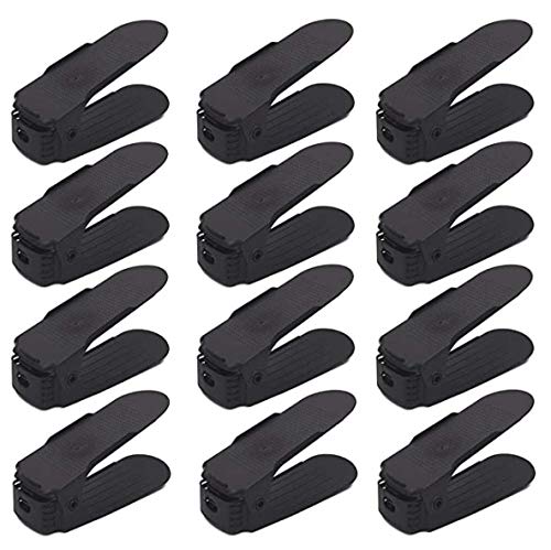 Shoe Slots Holder Rack | Adjustable Double Deck Shoe Organizer for Closet Storage | Space Saving Shoe Rack for Sandals, Heels, Slippers & Flip Flops (Pack of 12 - Black)