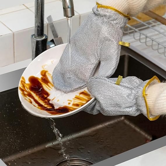Steel Wire Gloves – Reusable Waterproof Kitchen Cleaning & Dishwashing Gloves, Heat-Resistant Silver Gloves for Home & Car (1 Pair)