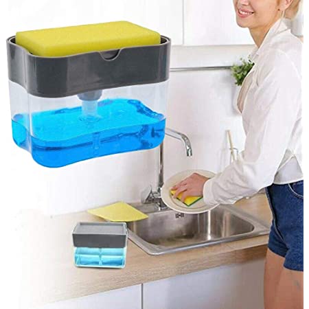 2 in 1 Liquid Soap Dispenser with Sponge Holder – Kitchen Sink Dishwashing Soap Pump Caddy | Space-Saving Multicolor Organizer
