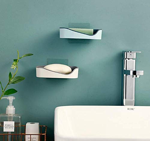 Wave Wall Mounted Self Adhesive Soap Holder | Double Drain Waterproof Soap Dish for Bathroom & Kitchen | No Drilling Required