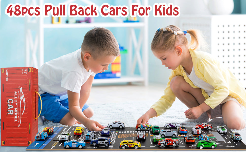 48 Pull Back Race Cars Toy Set with Storage Box for Kids