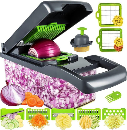 14-in-1 Vegetable Chopper & Slicer Dicer Cutter | Onion, Garlic, Carrot, Fruit, Veggie Chopper with 8 Blades & Container