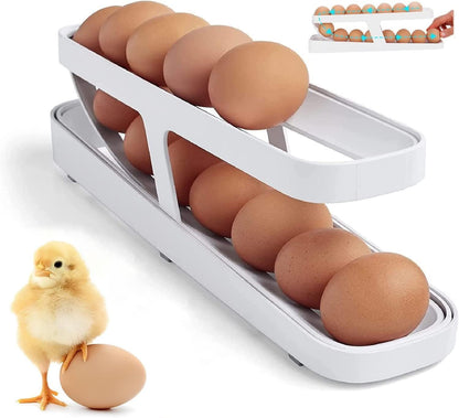 Automatic Roll-Down Double Layer Egg Dispenser | Space-Saving Plastic Egg Tray Holder for Fridge & Pantry | 2-Tier Egg Organizer for 14 Eggs