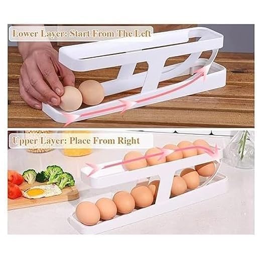 Automatic Roll-Down Double Layer Egg Dispenser | Space-Saving Plastic Egg Tray Holder for Fridge & Pantry | 2-Tier Egg Organizer for 14 Eggs