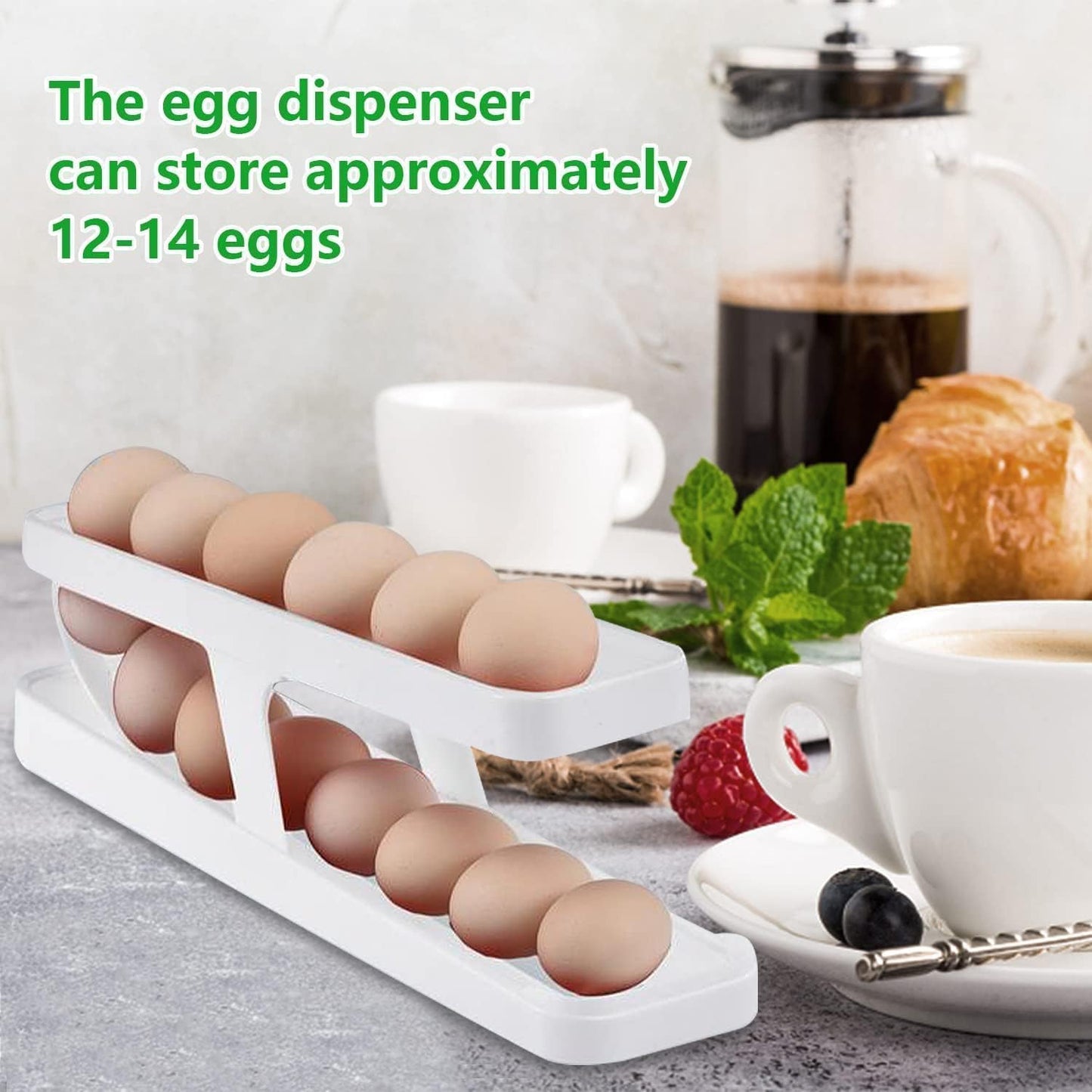 Automatic Roll-Down Double Layer Egg Dispenser | Space-Saving Plastic Egg Tray Holder for Fridge & Pantry | 2-Tier Egg Organizer for 14 Eggs