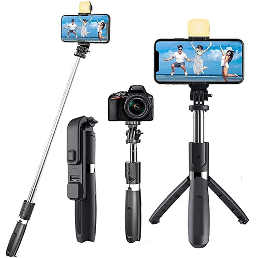 3-in-1 Bluetooth Selfie Stick Tripod with Wireless Remote & Fill Light | Foldable & Lightweight Travel Stand for All Smartphones