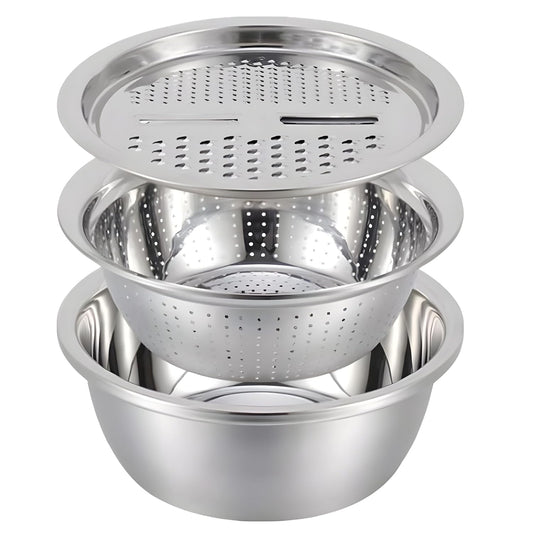 3-in-1 Stainless Steel Kitchen Strainer Set | Vegetable Cutter, Cheese Grater & Salad Maker | Multi-Purpose Drain Basket for Washing Fruits, Vegetables & Pasta
