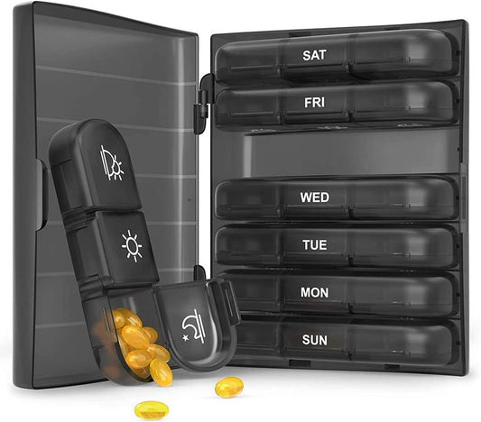 Weekly Pill Organizer 3 Times a Day - 7 Day Medicine Box with AM/PM Large Compartments | Travel-Friendly, BPA-Free Pill Case for Vitamins & Tablets (Black)