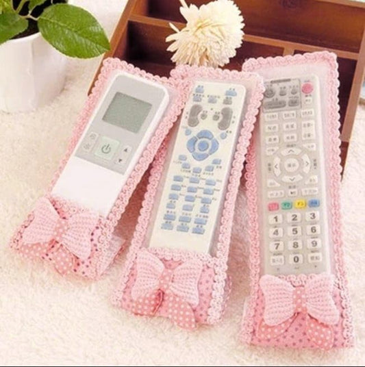 3-Piece Fabric Remote Cover Set - Cute Bowknot TV/AC/Set-Top Box Remote Protector | Dustproof Soft Cotton Pouch for Indian Remotes (S/M/L Sizes, Embroidery Design)