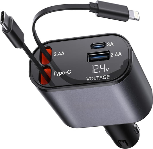 4-in-1 Retractable Car Charger | 100W Super Fast Charging | Dual USB Ports + 2 Built-in Cables (Lightning + Type-C) | For iPhone, Android, iPad