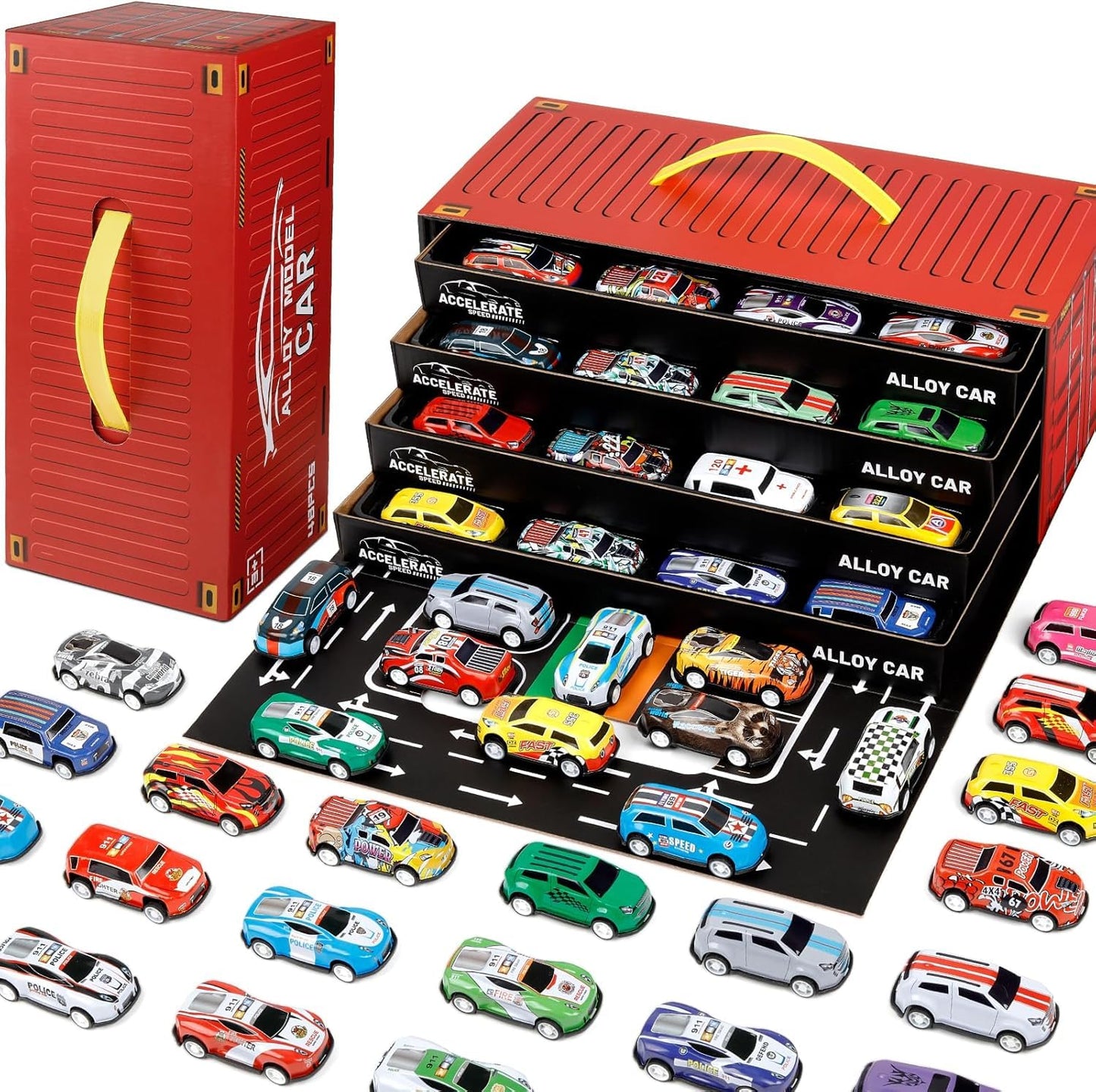 48 Pull Back Race Cars Toy Set with Storage Box for Kids