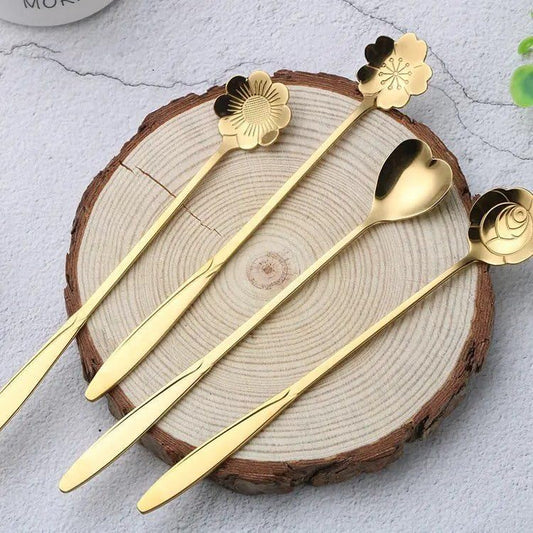 4-Piece Golden Dessert Spoon Set - Elegant Flower-Shaped Stainless Steel Teaspoons for Coffee, Ice Cream & Desserts | Luxury Gift Box for Diwali, Weddings & Housewarming
