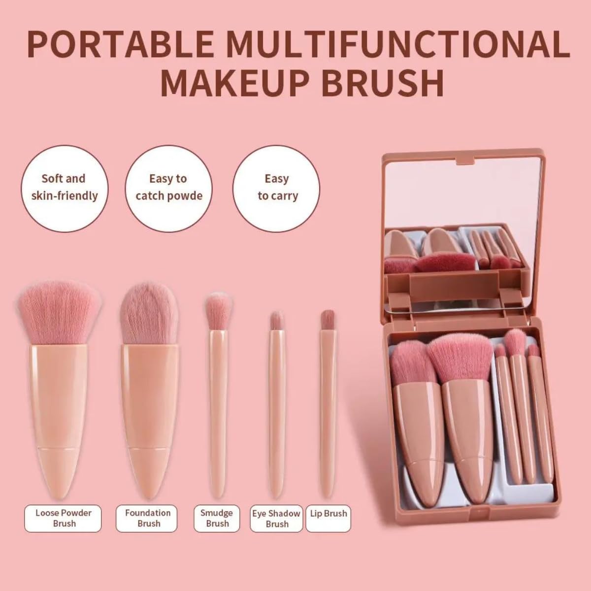 💄 5-in-1 Mini Makeup Brush Set with Mirror – Travel Friendly