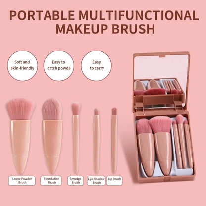 💄 5-in-1 Mini Makeup Brush Set with Mirror – Travel Friendly
