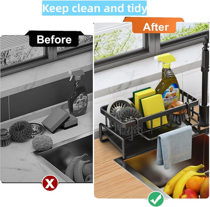 Black Metal Sink Organizer with Sponge, Soap & Draining Rack