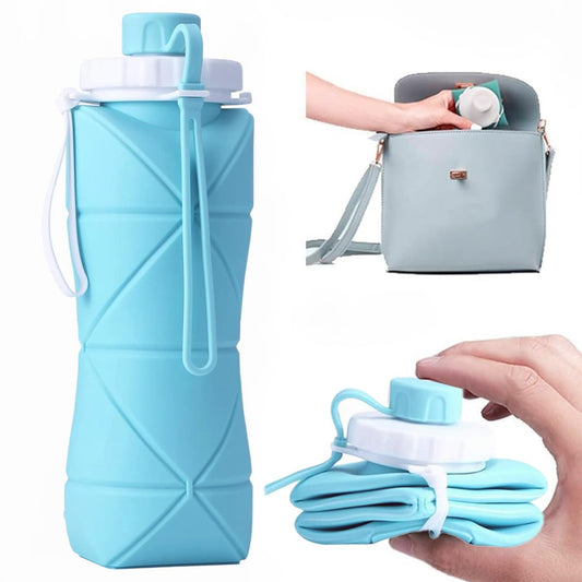 Folding Silicone Water Bottle – 600ml | BPA-Free, Leak-Proof, Portable Collapsible Travel Bottle for Sports, Hiking, Running, Camping (Blue)