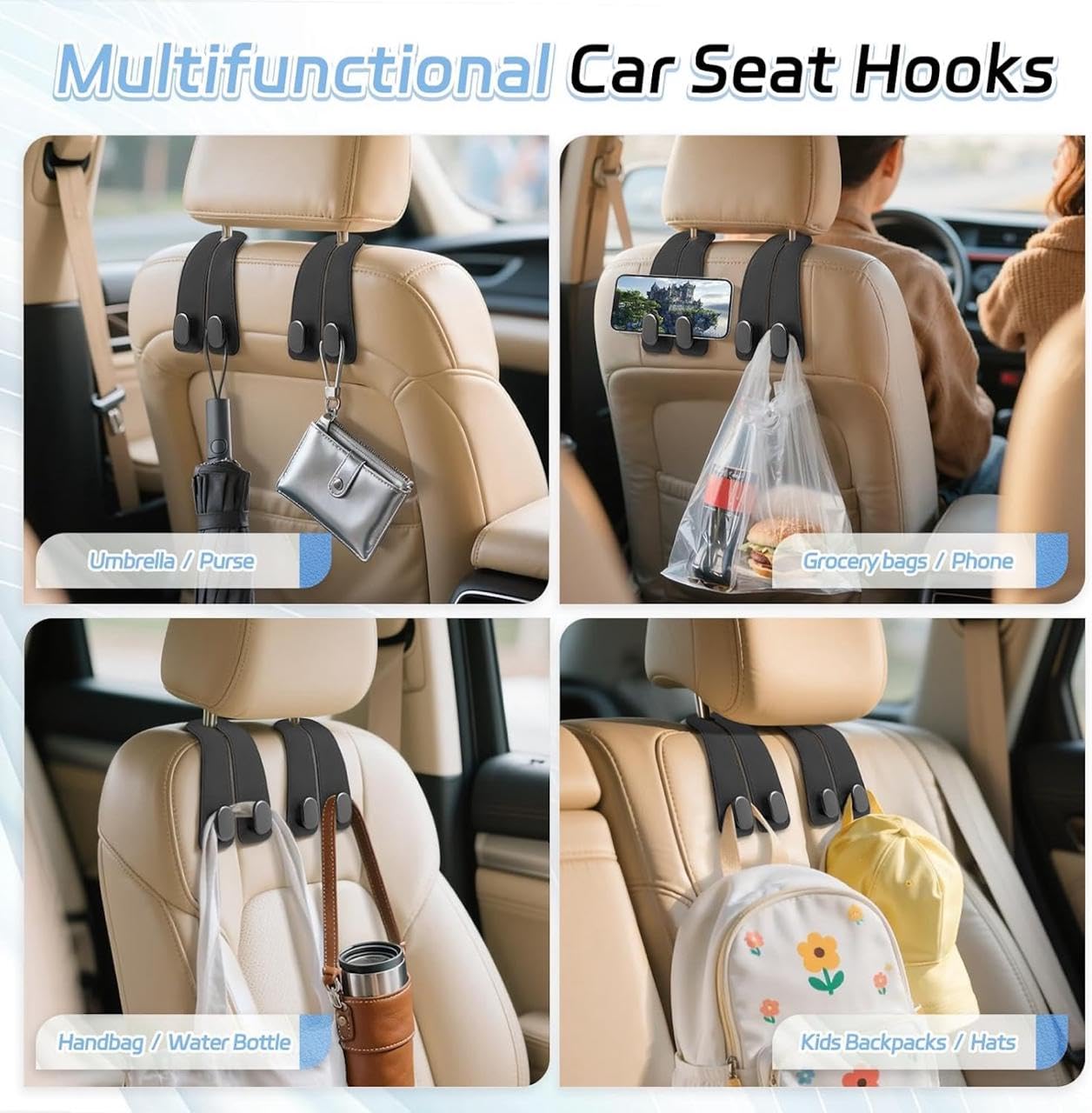 Leather Car Seat Headrest Hooks Metal Purse & Bag Hanger Organizer Car