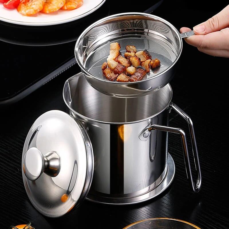 Stainless Steel Oil Strainer Pot 1300ML with Dust-Proof Lid Fine Mesh Strainer Cooking Oil Fat Residue Separator