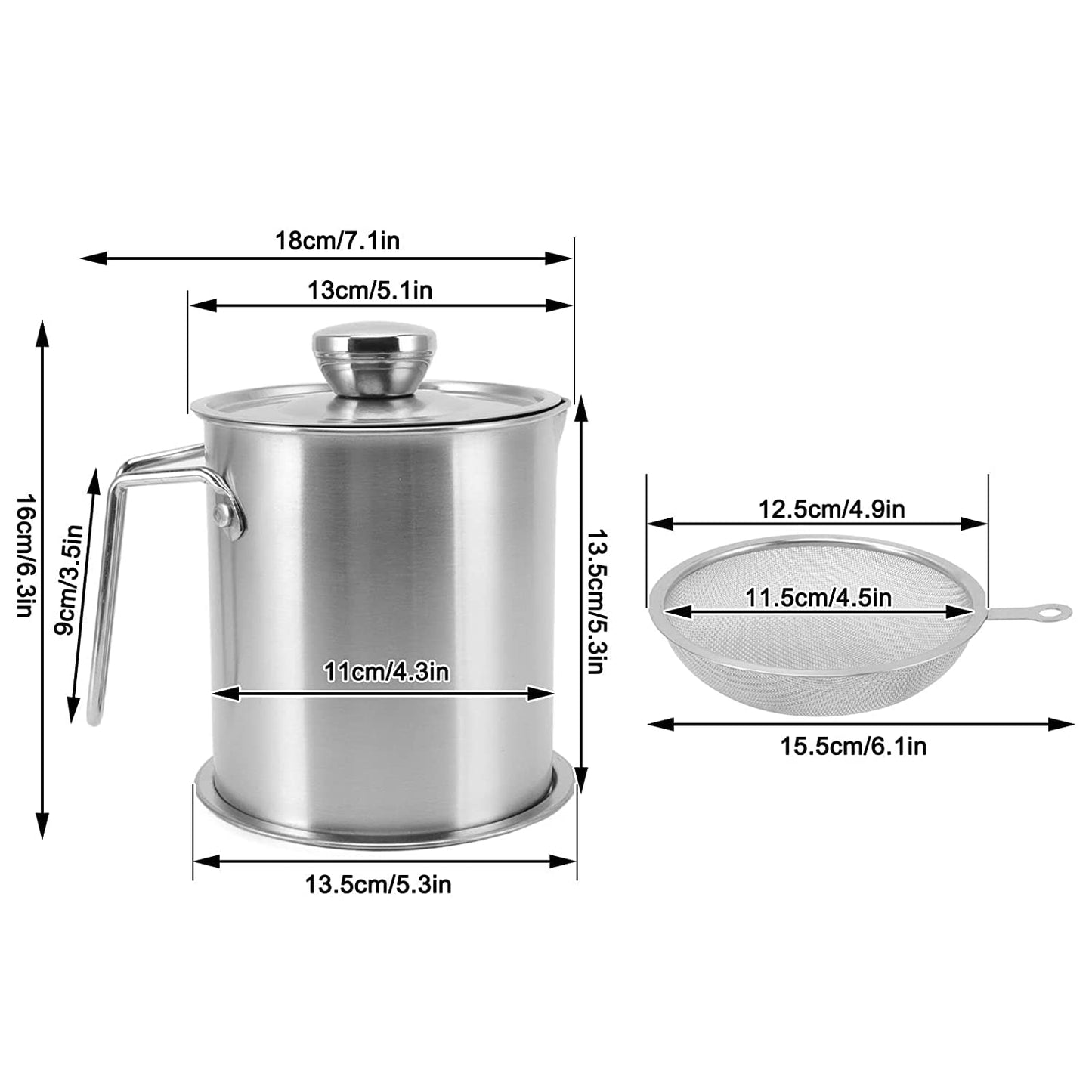 Stainless Steel Oil Strainer Pot 1300ML with Dust-Proof Lid Fine Mesh Strainer Cooking Oil Fat Residue Separator