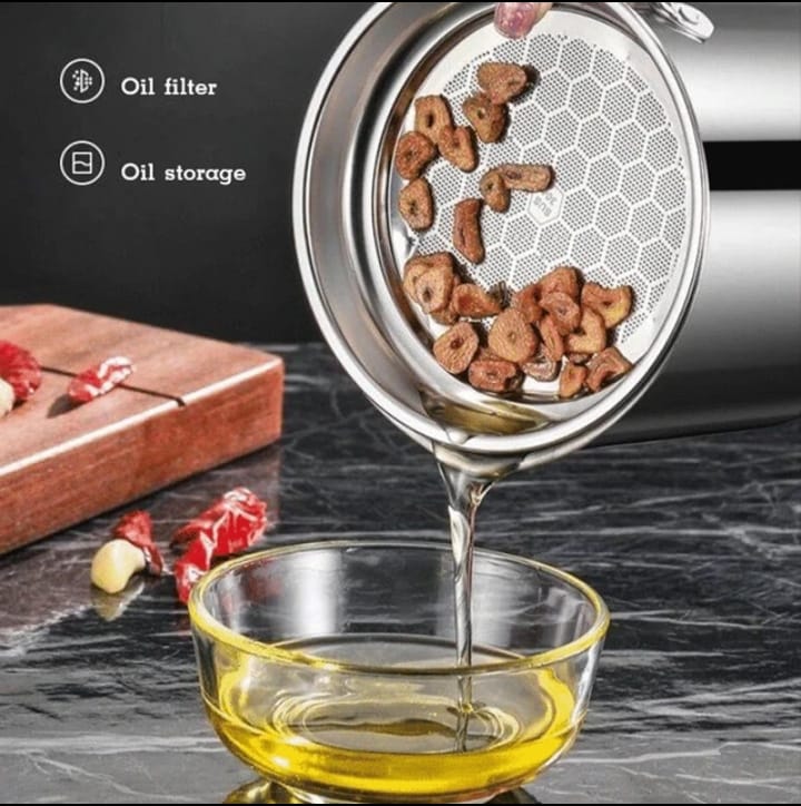 Stainless Steel Oil Strainer Pot 1300ML with Dust-Proof Lid Fine Mesh Strainer Cooking Oil Fat Residue Separator